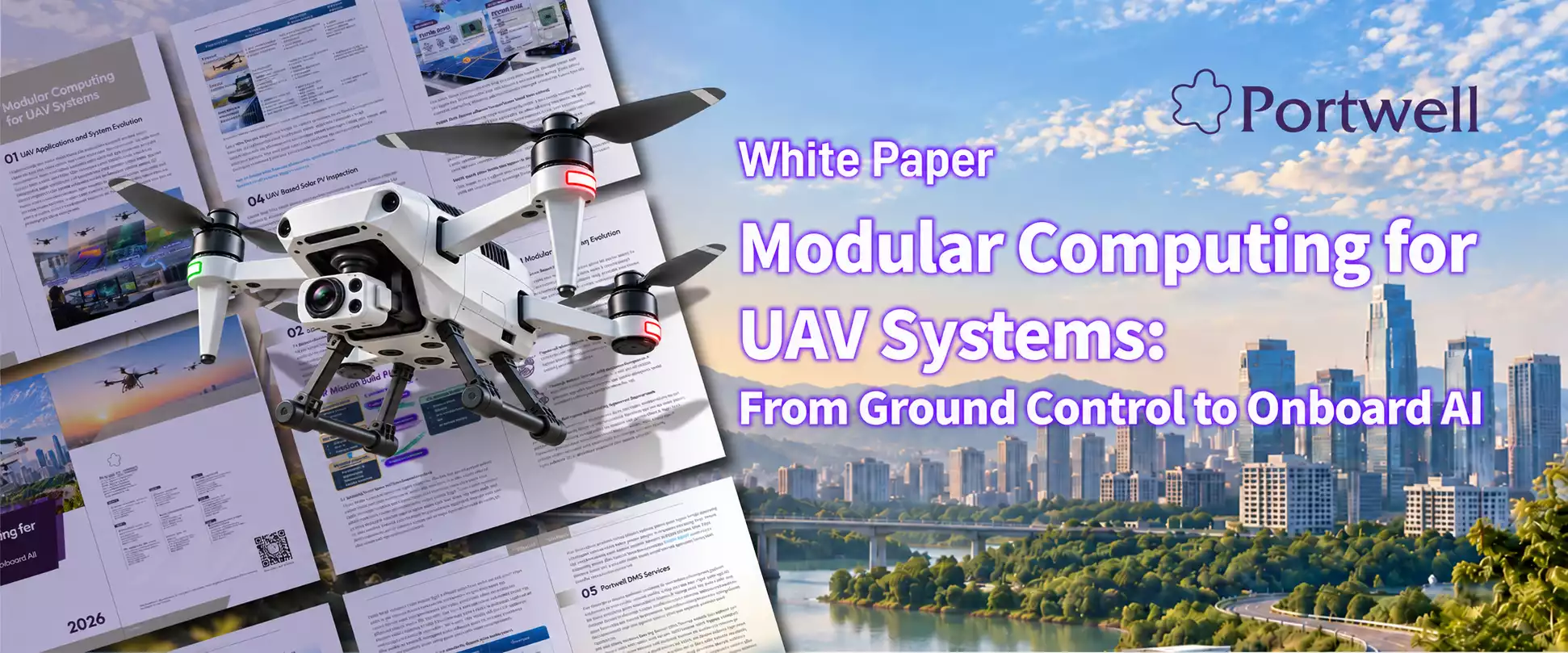 Modular computing for commercial UAV systems white paper cover with drone and city skyline