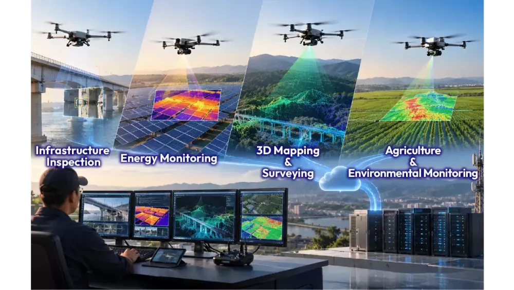 Overview diagram of UAV AI applications including infrastructure inspection, solar PV monitoring, and 3D mapping