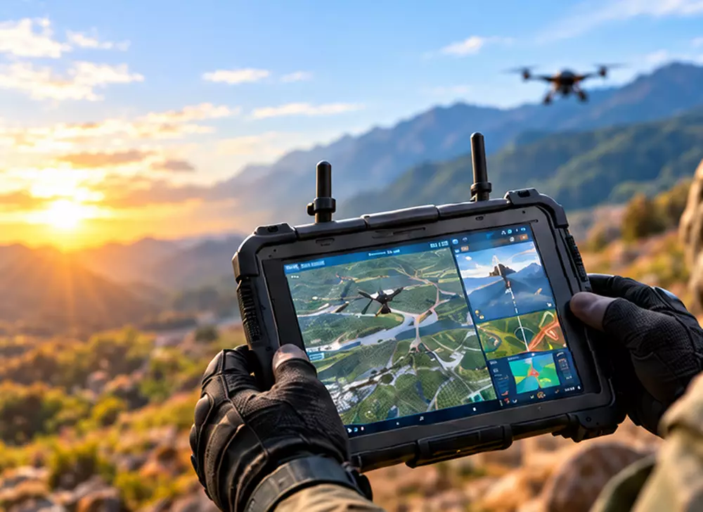 Operator holding a handheld tablet ground control station for drone operation