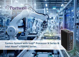 Portwell WEBS-91J0 compact fanless embedded system for industrial edge computing with robotic arm