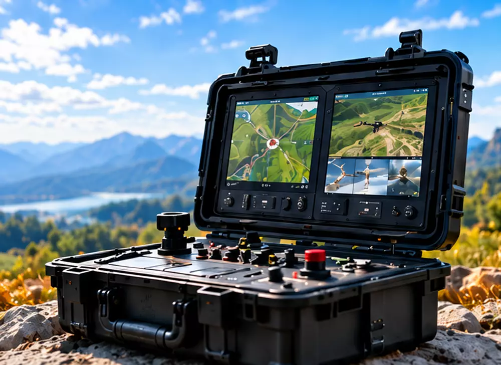 Rugged portable ground control station with dual displays for drone mission control