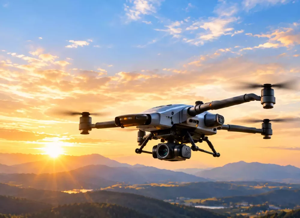 Commercial UAV in flight equipped with onboard module for real-time sensor data processing