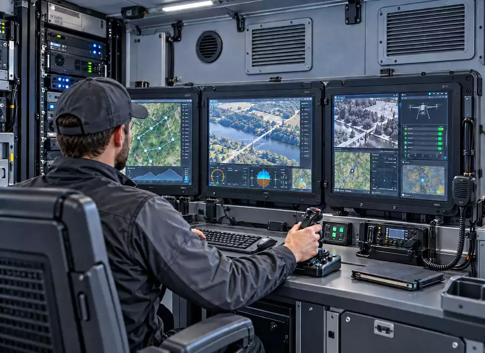 Drone operator using an industrial ground control station with multi-display mission interface